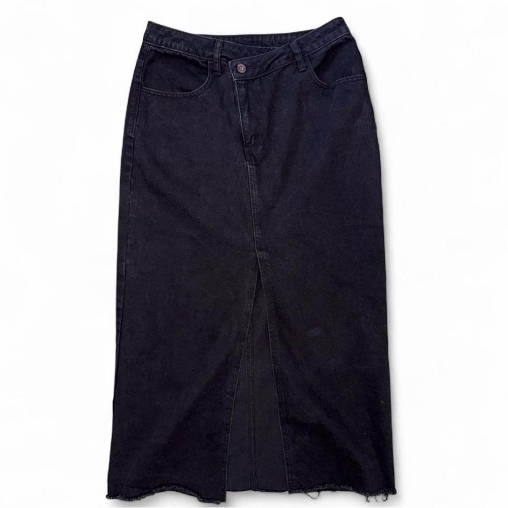 Black Denim Midi Skirt with Front Slit